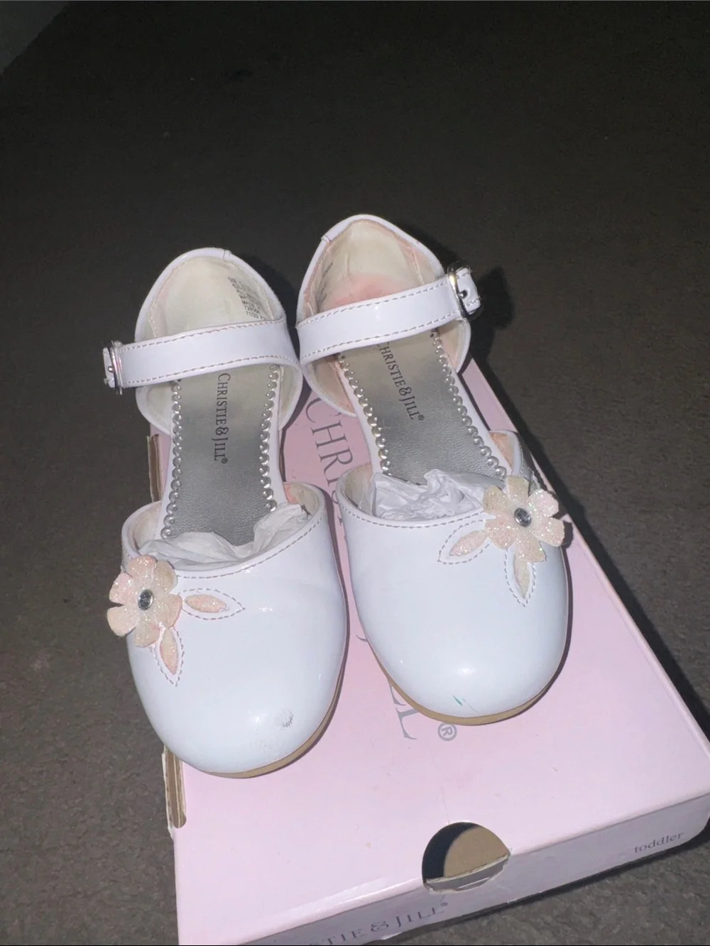 Girls' White Mary Jane Dress Shoes with Pink Floral Accent